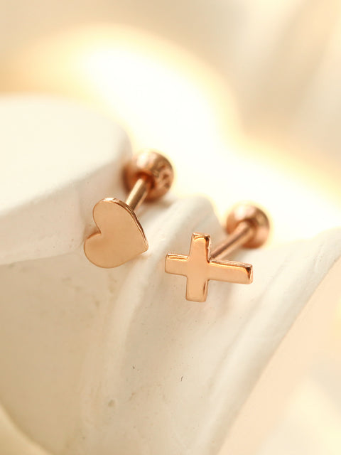 14K Gold Dainty Heart & Cross Cartilage Earring 18g16g