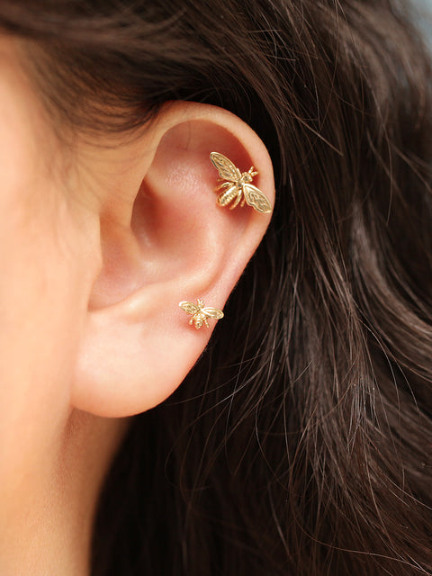 14K Gold Queen Baby Bee Cartilage Earring 20G18G16G