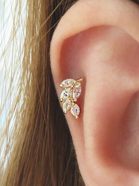 14K Gold CZ Leaf Cartilage Earring 18G16G