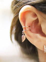14K Gold bohemian dangle leaf ear cuff