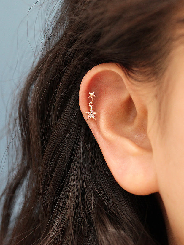 14K Gold Double Star Drop Cartilage Earring 18G