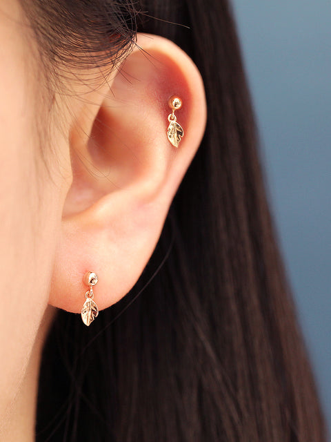 14K Gold Leaf Drop Cartilage Earring 20G18G16G
