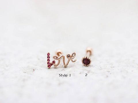 14K Gold Ruby Love and Round CZ Cartilage Earring 18g16g