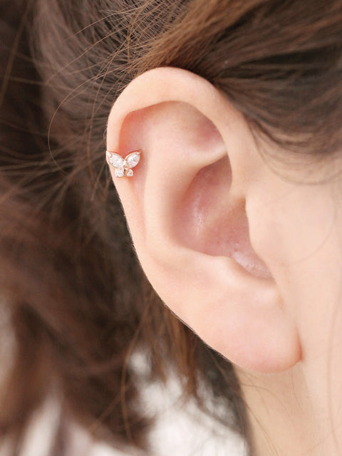 14K Gold CZ Butterfly Cartilage Earring 18g16g