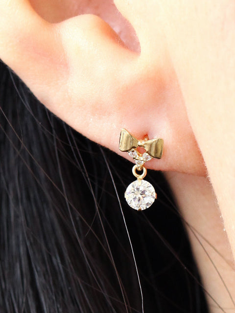 14K Gold Ribbon CZ drop cartilage earring 20g