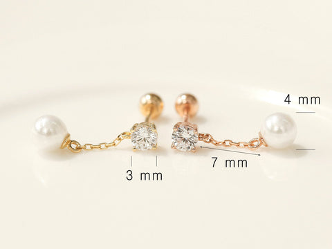 14K Gold pearl dangle cartilage earring 20g