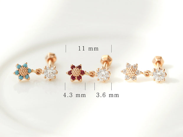 14K Gold Mini Flower Dangle Cartilage Earring 18G16G