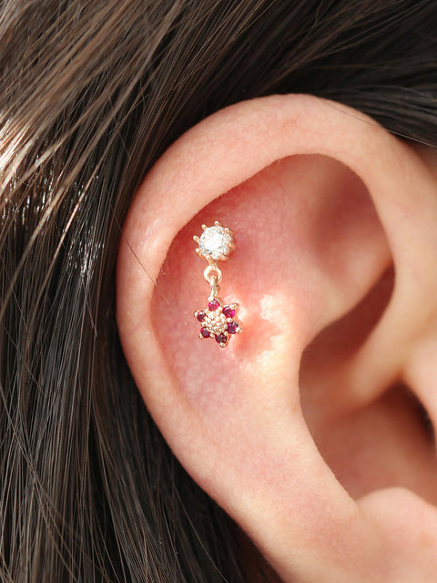 14K Gold Mini Flower Dangle Cartilage Earring 18G16G