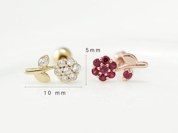 14K Gold Ruby Flower Cartilage Earring 18G16G