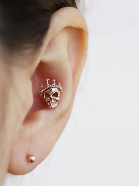14K Gold Crown Skull Cartilage Earring 18G16G